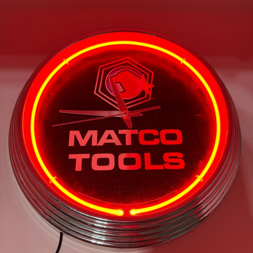 Rare Matco Tools Red Neon Light Wall Clock 13‎ Inch (Broken Clock)
